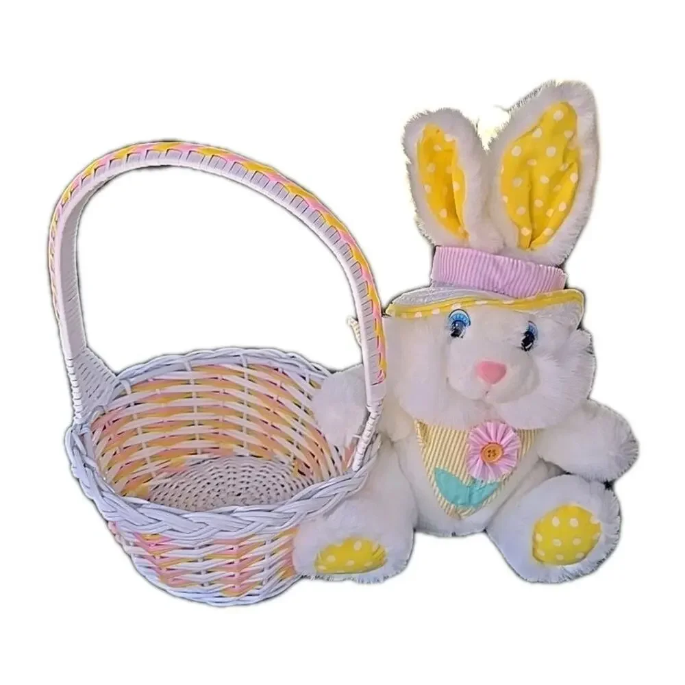 Vtg Easter Bunny Plush Rabbit Wicker Basket Set White Yellow Polka‎ Dot 90s Y2K